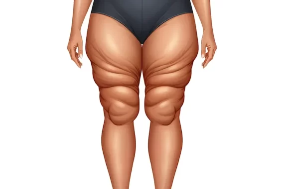 Ilustração de uma mulher com lipedema em estágio avançado, apresentando acúmulo irregular de gordura nas coxas e pernas, com aspecto ondulado e desproporcional em relação à parte superior do corpo.